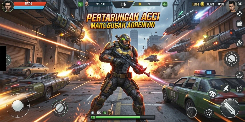 Screenshot utama DS99 menampilkan pertarungan epik antara karakter yang kuat.