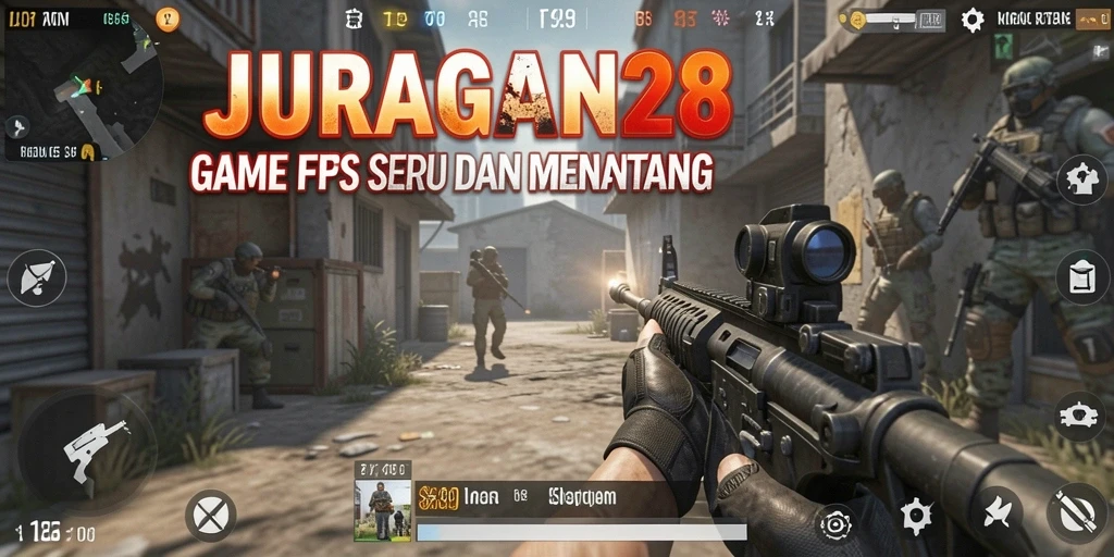 Screenshot menunjukkan aksi intens dalam gameplay FPS JURAGAN28.
