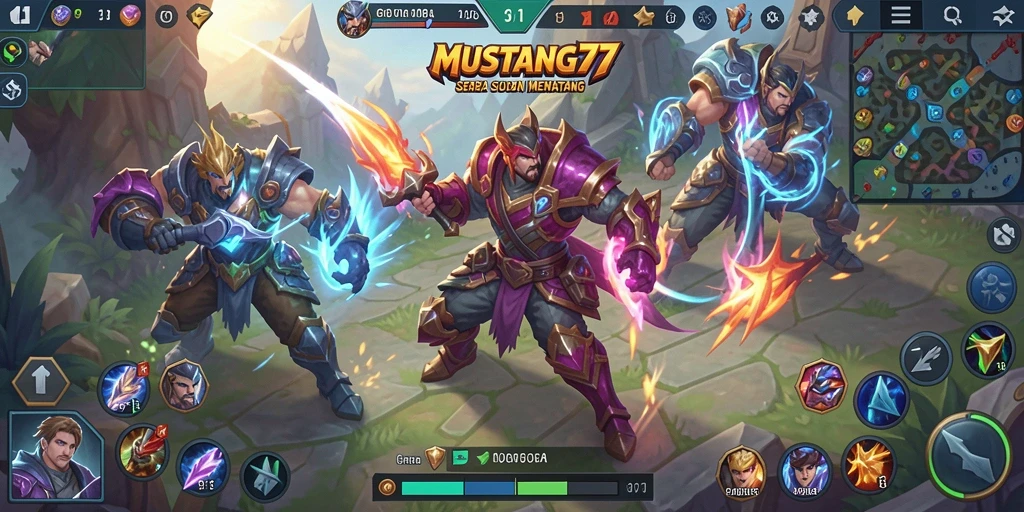 Tangkapan layar gameplay <strong>MUSTANG77</strong> yang menggambarkan aksi seru pertempuran MOBA.