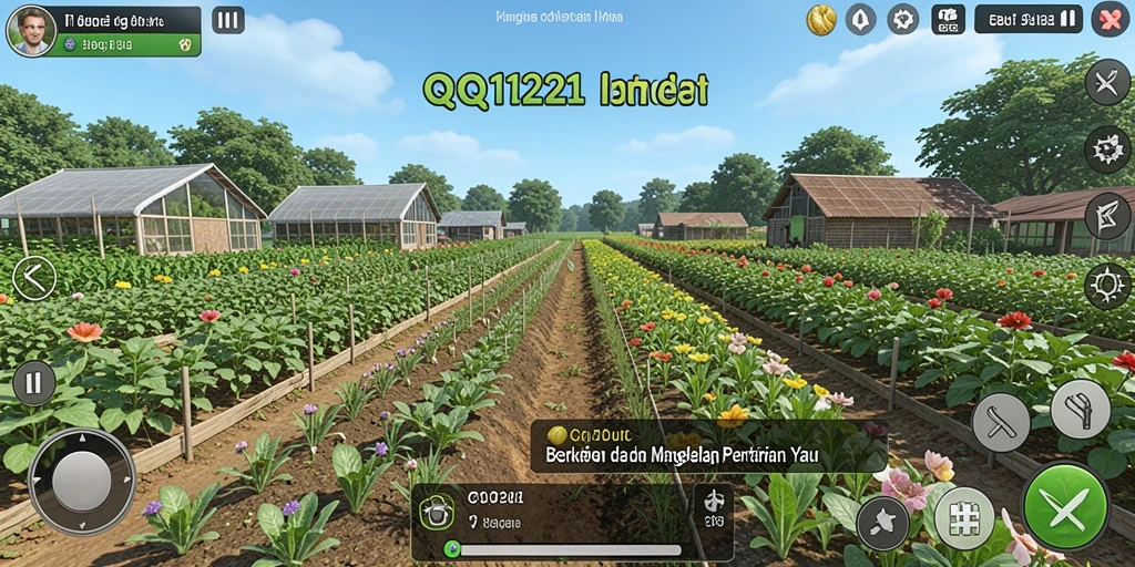 Screenshot gameplay <strong>QQ1221</strong> menunjukkan kebun yang subur dan aktivitas berkebun yang seru.