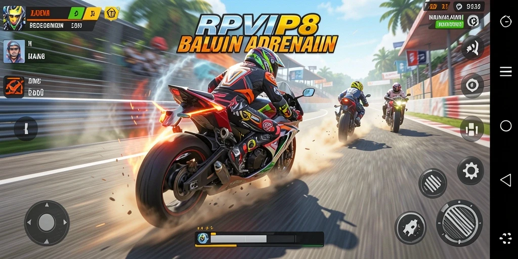 Screenshot utama RPVIP8 menampilkan aksi balapan motor yang mendebarkan.