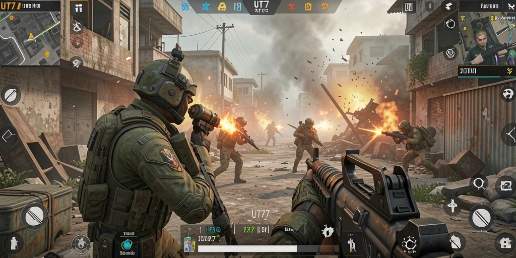 Screenshot UT77 yang menampilkan aksi intens dalam pertempuran FPS.