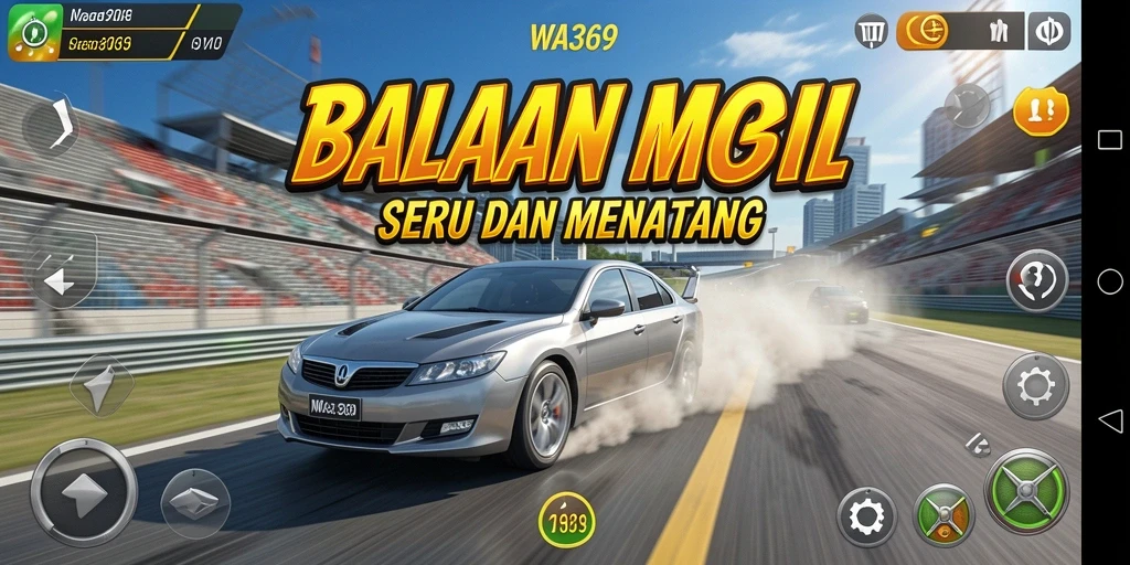 Tampilan penuh aksi dengan mobil balap berkecepatan tinggi.